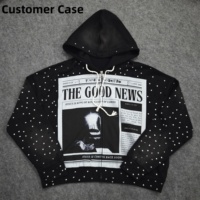 Sweat à capuche zippé personnalisé 500g, style vintage vieilli, avec patch appliqué, délavé à l'acide, épais, orné de strass, pour homme, streetwear