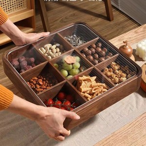 Caja de frutas con múltiples compartimentos de madera de nogal, contenedor de almacenamiento rectangular de 35x35x6,5 cm para aperitivos y frutas secas, uso en sala de estar - Product Image 1