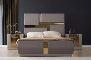 Queen Size 5-Piece Modern Tufted Wood Bedroom Set with Gold Accents Adjustable Height & <b>Convertible</b> Design for Hotel & Home Use - Product Image 4