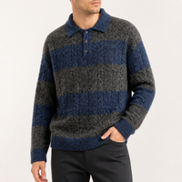 Pull Polo Rayé Homme Vintage Bleu Marine Gris Tricot Câblé Large Horizontal Chaud Hiver Fournisseur en Gros