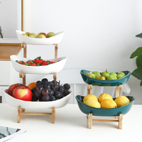Modern Design Keramische 3-Layer Fruitschaal Met Houten Plank Voor Keukengerei