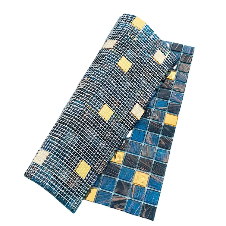China Factory Price pool tiles Blue and Gold crystal glass mosaic tile for Bathroom Kitchen Backsplash Hotel Restaurant Project