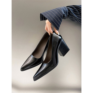 Spring new vintage pointed-<b>toe</b> low-<b>heeled</b> thick-soled <b>high</b>-<b>heeled</b> women's versatile business casual shoes - Product Image 2