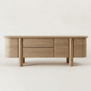 Mueble para TV minimalista de madera de roble claro, consola curva con patas tipo pilar, mueble de almacenamiento multimedia para sala de estar, precio de fábrica. - Product Image 1
