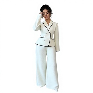 Completo da Donna <span class=keywords><strong>con</strong></span> Blazer Bianco a Doppio Petto <span class=keywords><strong>con</strong></span> Bordi a Contrasto e <span class=keywords><strong>Pantaloni</strong></span> a Gamba Larga a Vita Alta, Set Casual Traspirante in 2 Pezzi per l'Autunno - Product Image 6