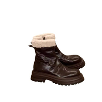 Bottes mi-mollet noires pour femmes à plateforme, avec col en fourrure crème, fermeture éclair latérale, semelle épaisse à crampons, chaussures décontractées chaudes