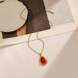 Stainless Steel Teardrop Pendant <b>Necklace</b> <b>Ruby</b> Inlay 18K Gold Plated Bohemian Style Adjustable Chain Fashion Jewelry - Product Image 3