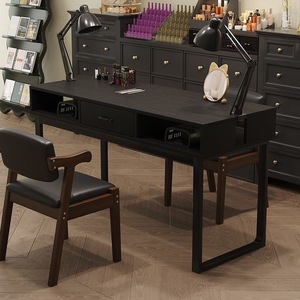 Mesa de Manicura con Acabado de Madera, Estación de Trabajo para Salón de Belleza con Cajones de Almacenamiento y Estantes Laterales - Product Image 4