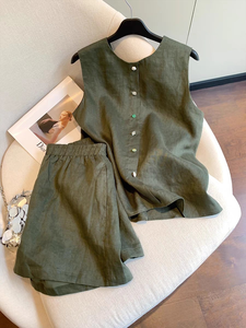 Boutique all'ingrosso 2025 estate nuova moda retrò senza maniche cotone e camicia di <span class=keywords><strong>lino</strong></span> pantaloncini da <span class=keywords><strong>donna</strong></span> - Product Image 6