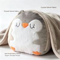 Couverture-oreiller ronde 2-en-1 en velours cristal 100 % polyester, motif pingouin de dessin animé, matelassée, 90*120cm, pour canapé et sieste en voiture