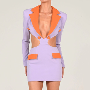 Robe décontractée pour femme à col contrastant, dos nu, taille ajustée, jupe courte, manches longues, sexy, color block, pour soirée - Product Image 1