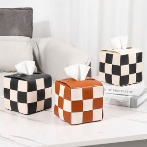 Modern PU Leather Square Checkered Tissue Holder Household Tissue Box Cover Napkin Holder for Bedroom <b>Vanity</b> <b>Desk</b> Nightstand - Product Image 1