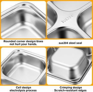 Bebek çocuk yetişkinler servis tabağı dikdörtgen 4 bölüm yemek tabakları paslanmaz çelik Bento yemek kabı bölünmüş yiyecek tepsisi - Product Image 4