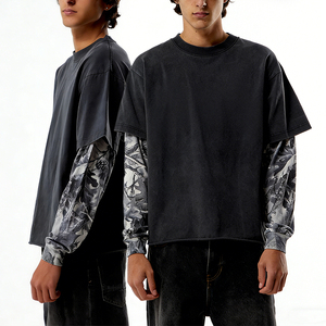 T-shirt KingSen pour homme en coton lourd délavé style vintage, coupe oversize, imprimé numérique intégral, manches longues superposées, streetwear - Product Image 1