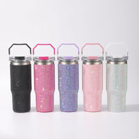 Gobelet isotherme 30oz en acier inoxydable avec poignée supérieure, orné de strass et de cristaux scintillants