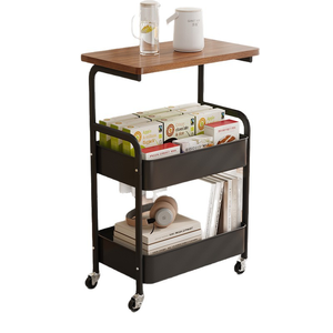 Rolling Cart with Wooden Tabletop 3 Tier Metal Utility Cart Rolling Storage Organizer Cart with Lockable Wheels for Kitchen - Product Image 5