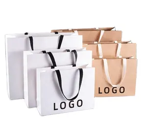 Sac à provisions artisanal noir mat avec Logo personnalisé, grands sacs en papier d'emballage blanc de luxe pour vêtements