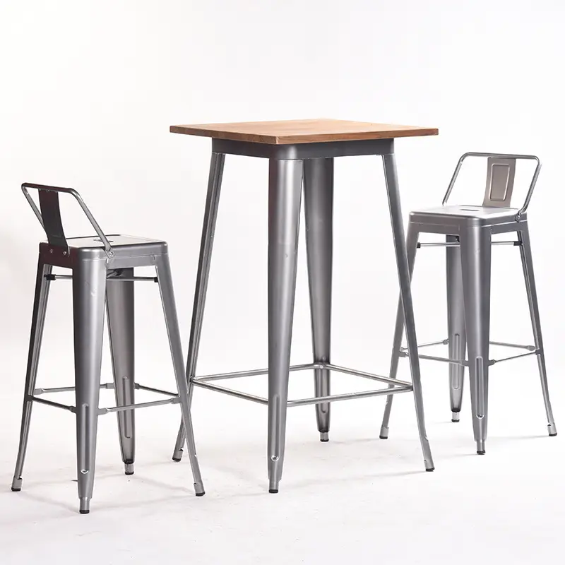 Fabrika ucuz toz boya ticari mobilya eski istiflenebilir endüstriyel Metal Bar masası sandalyeler masif ahşap masa üstü