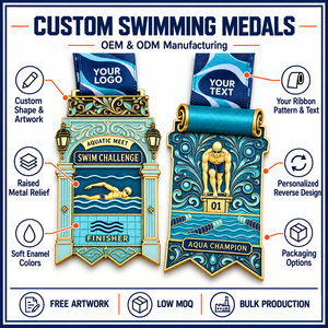 Médailles de natation personnalisées en émail souple avec relief métallique sculpté, rubans sur mesure et dos personnalisés pour les récompenses des sports aquatiques - Product Image 4