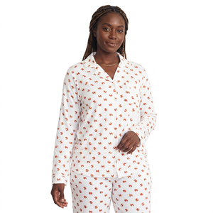 Conjunto de Pijama de Manga Larga 100% Algodón para Mujer con Estampado de Cangrejos de Río, Cuello Camisero, Largo Completo, Ropa de Dormir Informal - Product Image 1
