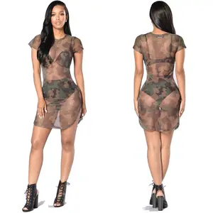 Short Sleeves High Split Camouflage Transparent Woman Sexy Mesh Dress G1613