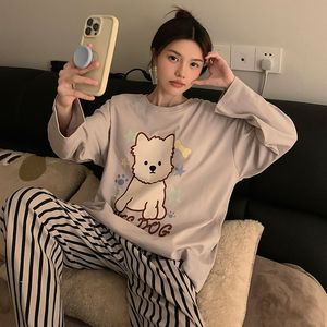 Set piyama katun wanita, penutup leher bulat lengan panjang saku ganda kartun rumah lucu musim semi