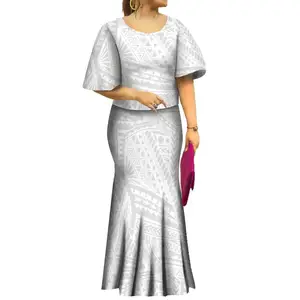 Conjunto de 2 peças de vestido rabo de peixe com estampa personalizada para o Dia das Mães, branco, com desenho de domingo, com estampa tribal da Polinésia e Samoano