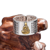Nouvelle bague Feng Shui en argent, style rétro, porte-bonheur, ajustable, avec Sutra du Cœur de Bouddha et 12 animaux du zodiaque, pour homme