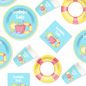 ชุดอุปกรณ์จัดเลี้ยงปาร์ตี้ริมสระน้ำลายการ์ตูน DAMAI ของตกแต่งชายหาดฤดูร้อน จานและผ้าเช็ดปากสำหรับแขก 8 ท่าน ของชำร่วยงานปาร์ตี้ - Product Image 4