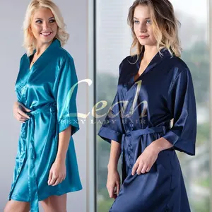 Grosir jubah Satin biru Royal gaun malam panjang selutut pakaian tidur untuk wanita jubah mandi seksi Set Logo khusus untuk Spa musim gugur