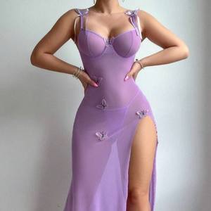 欧美纯欲望风格性感透视网眼高狭缝无背浅色女性性感吊带裙 - Product Image 3