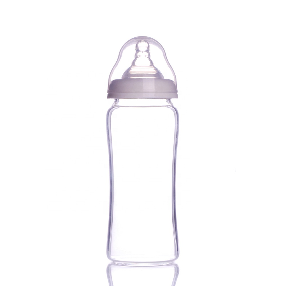 Manufacture High Quality 240ml/8oz Wide Neck Borosilicate Baby Glass Feeding Bottle With Silicone Nipple