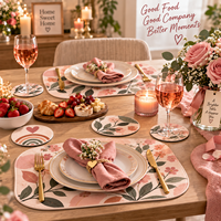 Ensemble de 6 dessous-de-verre en cuir bohème, motif floral rose en forme de cœur, absorbants, résistants à la chaleur, antidérapants, pour la maison, la cuisine, le bureau