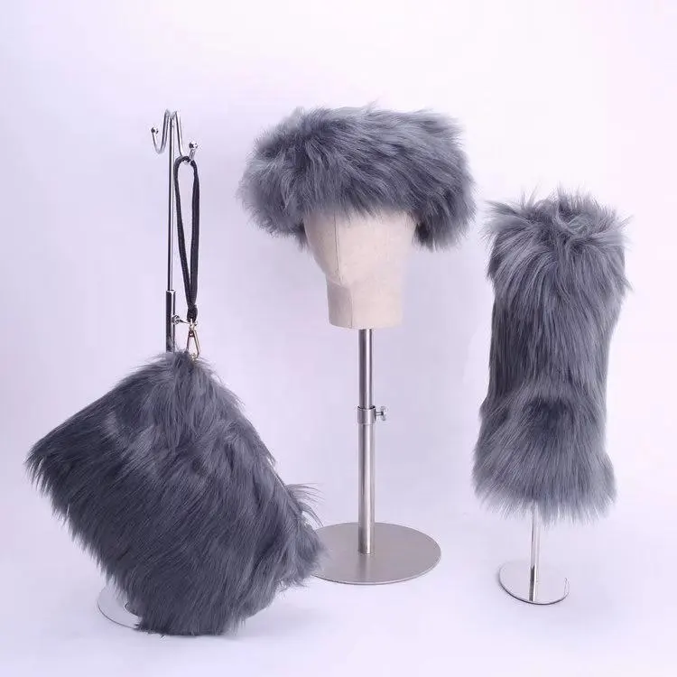 winter gray snow faux fur covers women toddler baby girl boots set with headband and purse