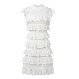 Nuovo Abito da Donna Bianco con Scollo a O, Patchwork Multistrato con Volant, Elegante e Casual, Senza Maniche, con Cut-out, Slim Fit in Maglia - Product Image 1