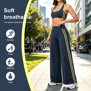 Ensemble de yoga deux pièces : pantalon large à double bande latérale personnalisée et soutien-gorge de sport à col rond taille haute avec contrôle du ventre - Product Image 6