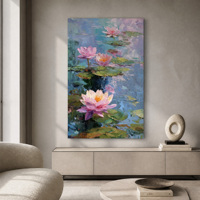 Peinture à l'huile Impasto Lotus faite à la main 30x50cm, texture cuillère à palette, art floral sur toile de lin pour décoration murale d'hôtel et de galerie