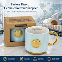 Tasses à café en céramique souvenirs d'Argentine, à nervures verticales, avec emblème métallique, pour tasses à café, personnalisation OEM ODM, vente en gros