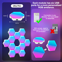 Lampe murale hexagonale modulaire intelligente à alimentation USB, synchronisation musicale RGBIC, activation sonore, contrôle par application intelligente pour bar, KTV, salle de jeux