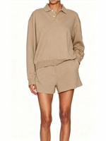 Ensemble de survêtement 2 pièces pour femme : Sweat-shirt à col polo, 2 boutons, manches longues et short à cordon de serrage à ourlet brut