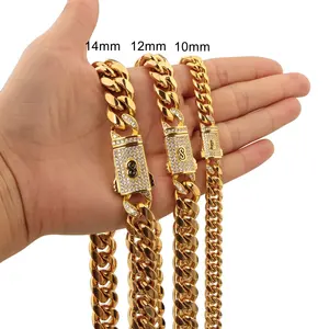 8 mm 12 mm 14 mm Gold rostfreier Stahl kubanische Kryptokette Herren-Titan-Stahl-Halsband Schmuck Mikroeinsatz Zirkon-Schnalle