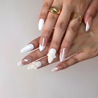 Offre Spéciale : Faux Ongles en Acrylique à Presser, Effet Œil de Chat, French Polka Dot, Fleurs Blanches 3D Transparentes, Forme Amande, Longueur Moyenne, Personnalisables