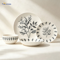 Service de table en porcelaine à motif de feuilles noires dessinées à la main, style nordique, comprenant 20 pièces (assiettes et bols en céramique) pour la maison, impression personnalisée disponible