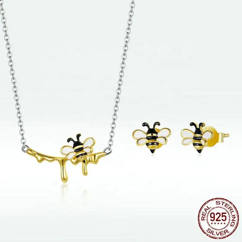 Wholesale Jewelry Set 925 Sterling Silver Real Gold Plated Rustic Insects Bee Earrings And Necklace Set