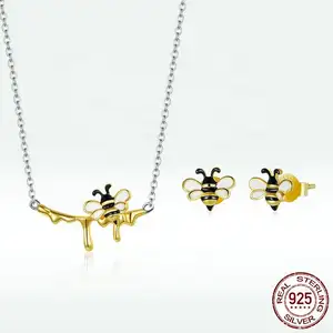 Toptan takı seti 925 ayar gümüş gerçek altın kaplama rustik böcekler arı küpe ve kolye seti