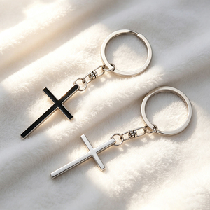 Stainless Steel Cross Keychain Religious Metal Pendant <b>Key</b> Ring Silver and Black Color for Fashion Accessory - Product Image 1