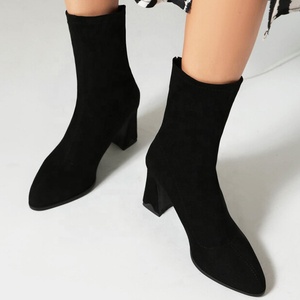 Large Size 48 Pointed Toe Women's Back Zipper Short <b>Boots</b> High Chunky Heels Ankle Booties Wide Fit Suede Shoes - Product Image 5