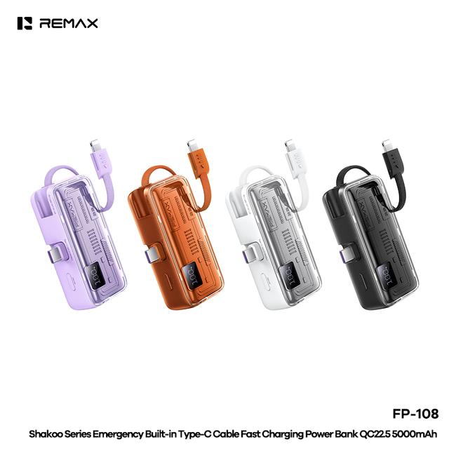 REMAX Custom Logo Emergency Portable Power Bank QC22.5 Fast Charging Power Banks Built-in Type-C Cable