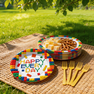 616363 Ensemble de 96 pièces sur le thème des blocs de construction - Kit de vaisselle coloré pour <span class=keywords><strong>anniversaire</strong></span> - Product Image 4