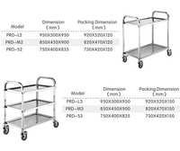 Chariot de cuisine central à tubes carrés détachables en acier inoxydable, chariot de service alimentaire à 3 étagères en acier
